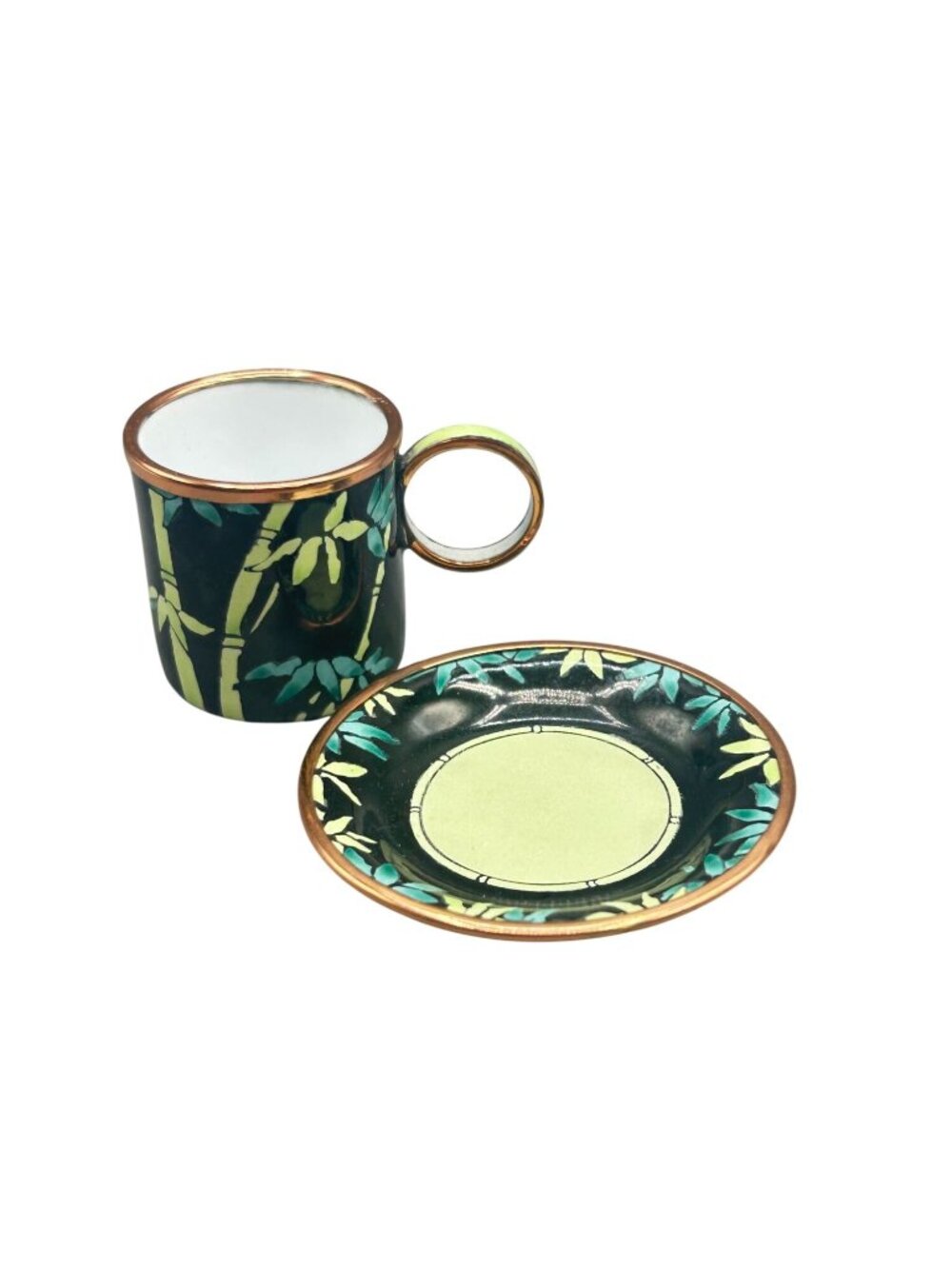 Charlotte Di Vita Miniature Enamel Tea Cup Saucer Featuring A Bamboo Design